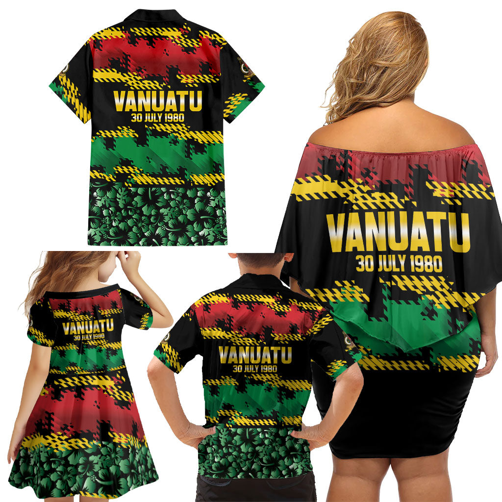 Vanuatu 46th Year Anniversary Family Matching Off Shoulder Short Dress and Hawaiian Shirt 30 July 1980 Hibiscus Seamless Pattern