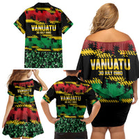Vanuatu 46th Year Anniversary Family Matching Off Shoulder Short Dress and Hawaiian Shirt 30 July 1980 Hibiscus Seamless Pattern
