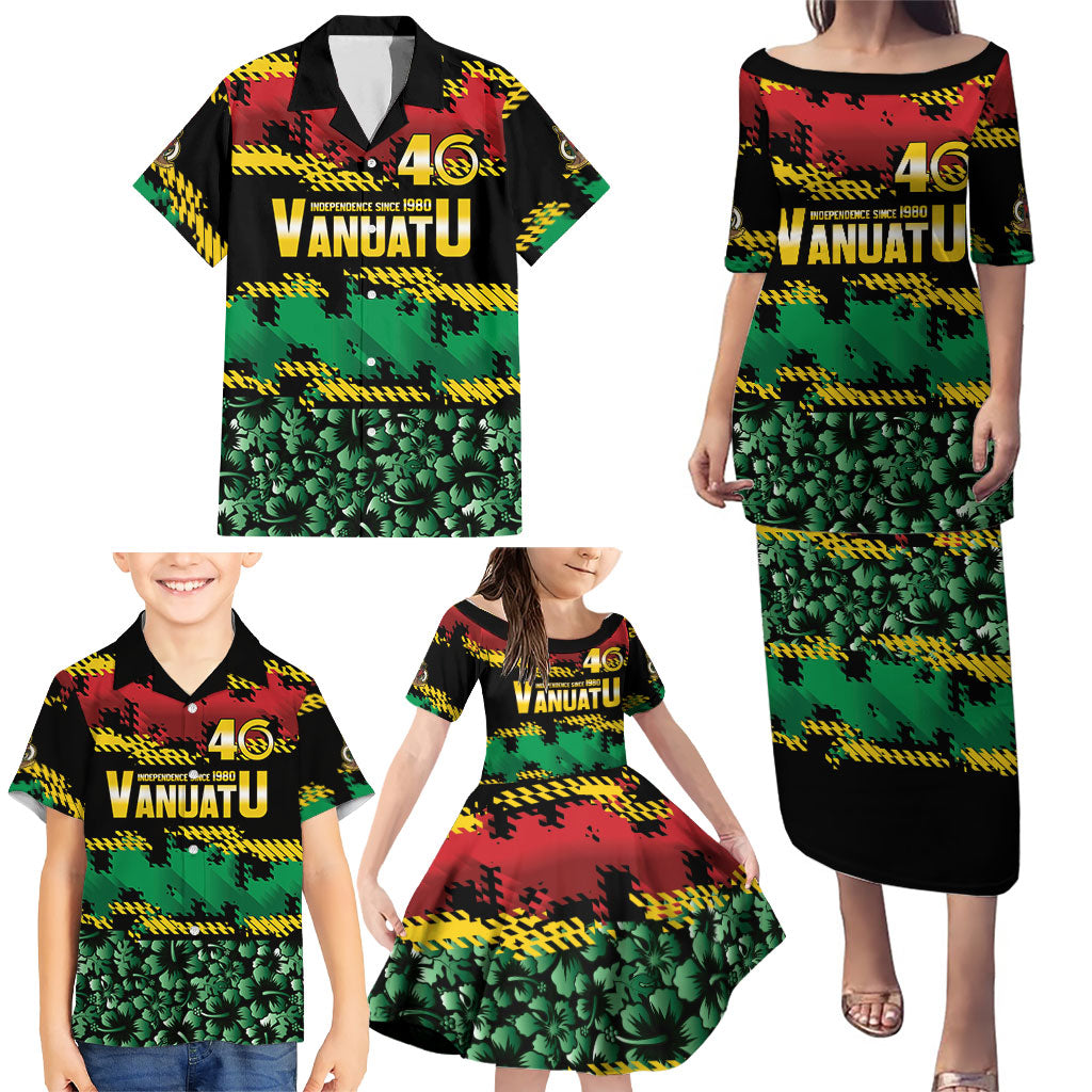 Vanuatu 46th Year Anniversary Family Matching Puletasi and Hawaiian Shirt 30 July 1980 Hibiscus Seamless Pattern