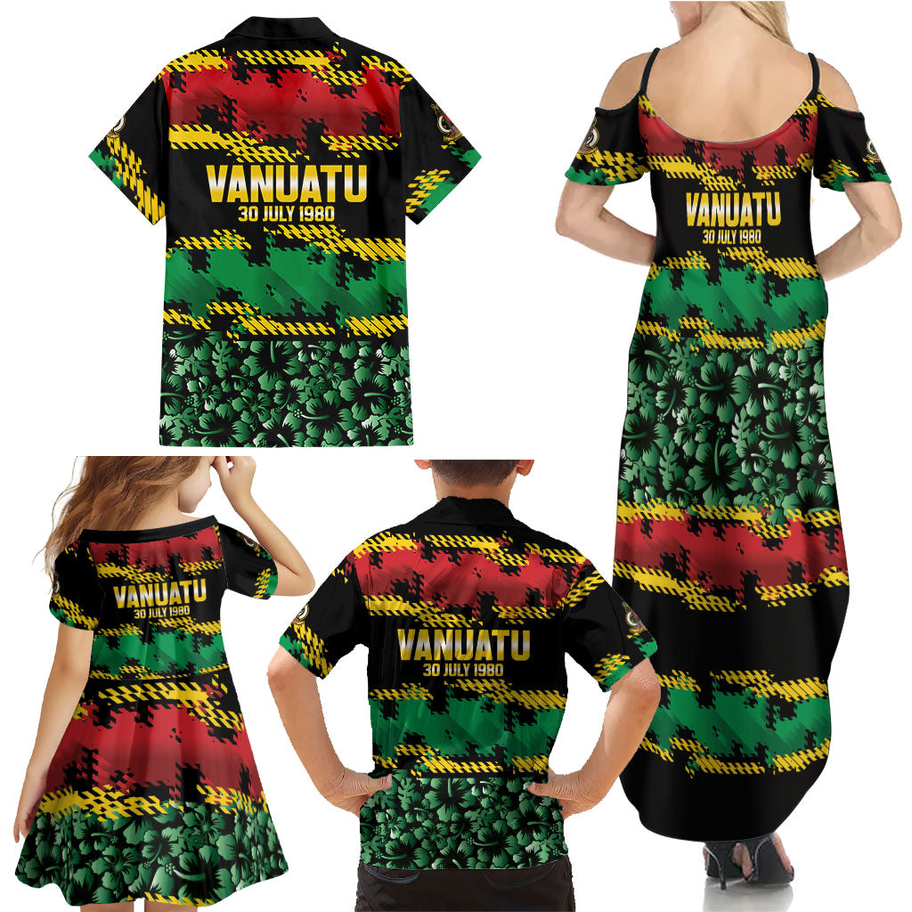 Vanuatu 46th Year Anniversary Family Matching Summer Maxi Dress and Hawaiian Shirt 30 July 1980 Hibiscus Seamless Pattern