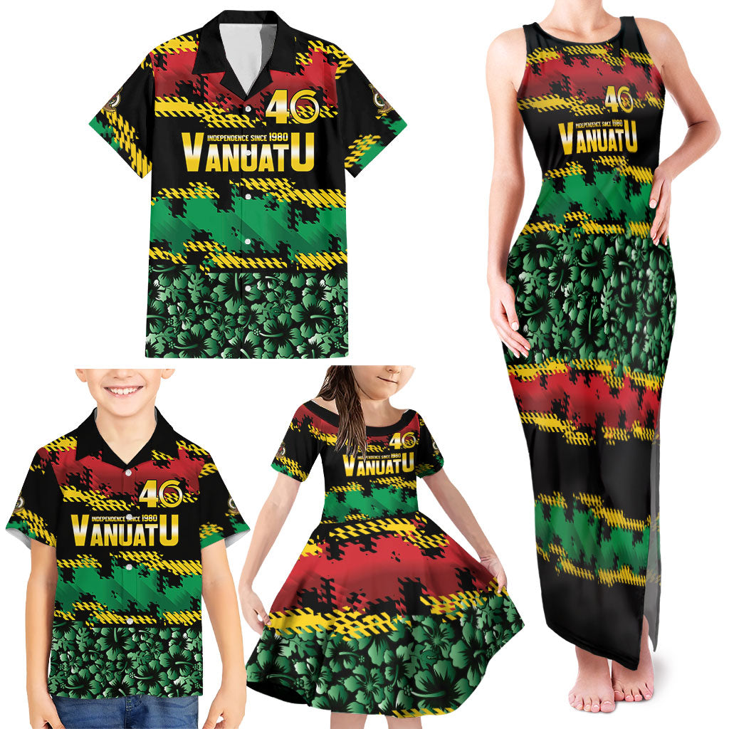 Vanuatu 46th Year Anniversary Family Matching Tank Maxi Dress and Hawaiian Shirt 30 July 1980 Hibiscus Seamless Pattern