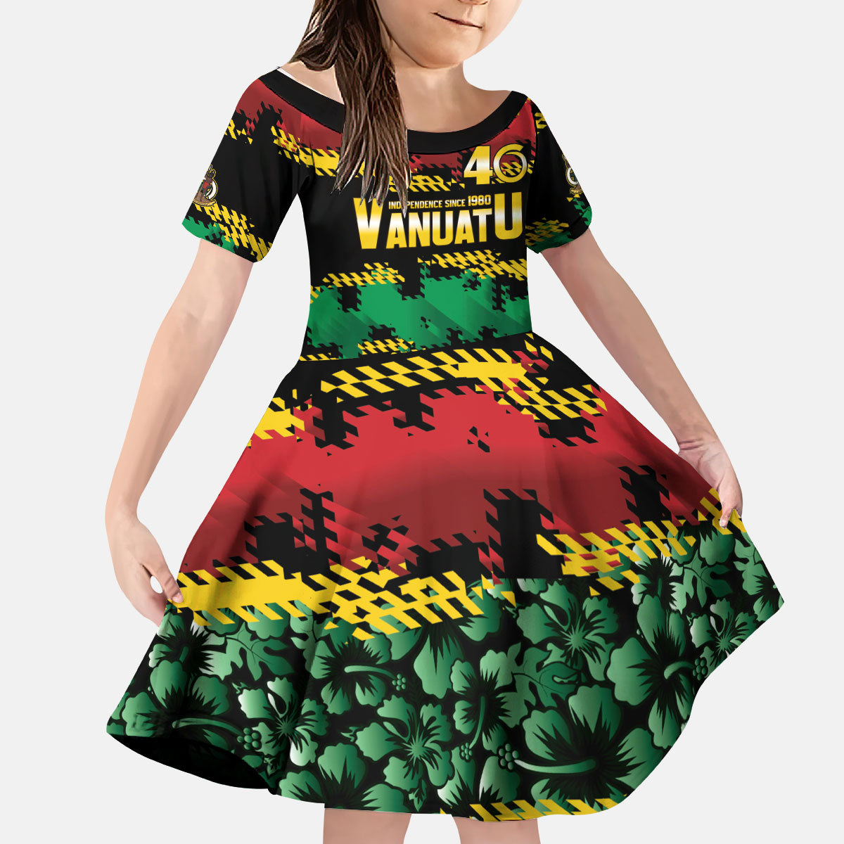 Vanuatu 46th Year Anniversary Kid Short Sleeve Dress 30 July 1980 Hibiscus Seamless Pattern