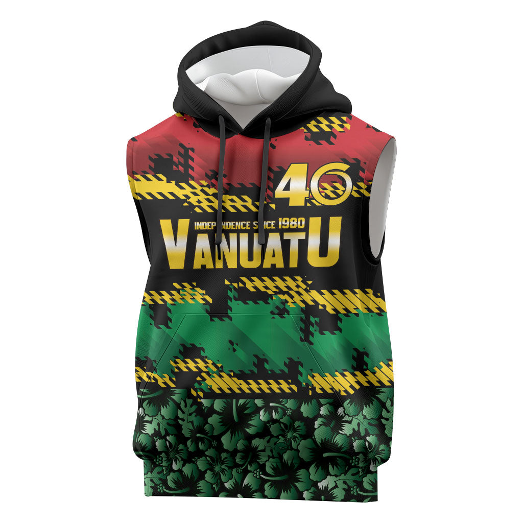Vanuatu 46th Year Anniversary Sleeveless Hoodie 30 July 1980 Hibiscus Seamless Pattern