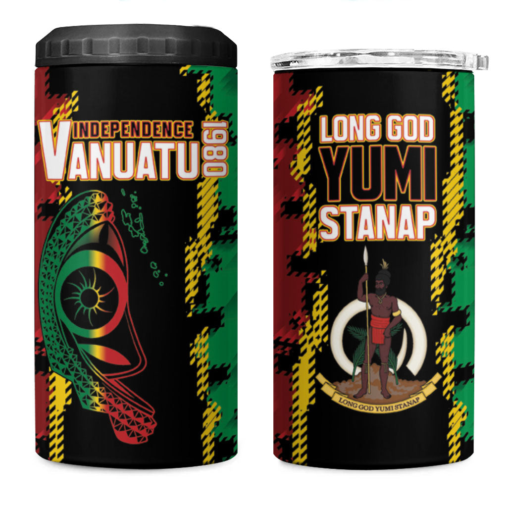 Vanuatu 46th Year Anniversary 4 in 1 Can Cooler Tumbler Tamtam Slit Drums Long God Yumi Stanap LT9 One Size: 16 oz Black - Polynesian Pride