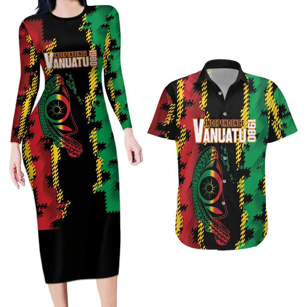 Vanuatu 46th Year Anniversary Couples Matching Long Sleeve Bodycon Dress and Hawaiian Shirt Tamtam Slit Drums Long God Yumi Stanap