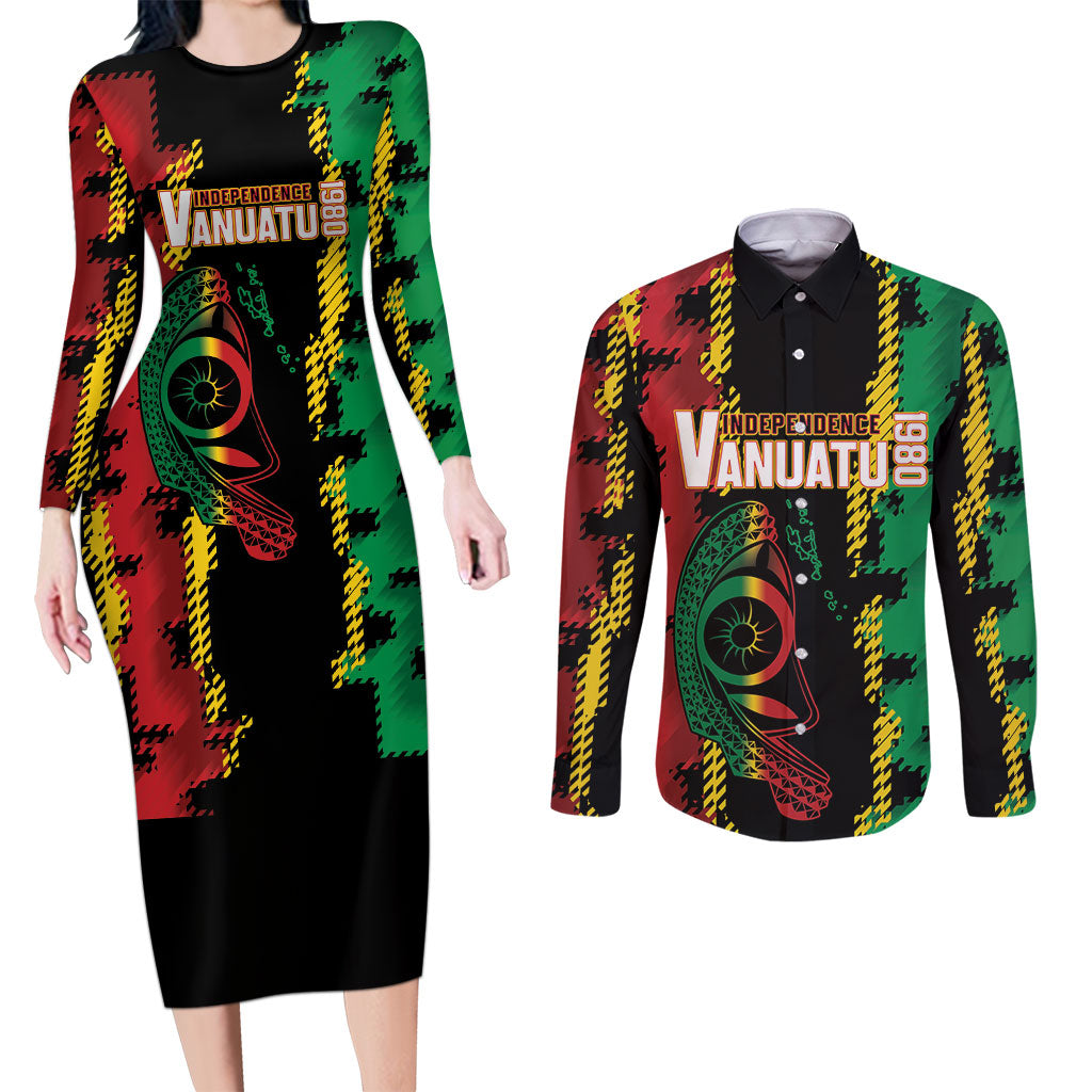 Vanuatu 46th Year Anniversary Couples Matching Long Sleeve Bodycon Dress and Long Sleeve Button Shirt Tamtam Slit Drums Long God Yumi Stanap