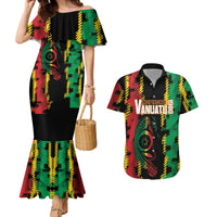 Vanuatu 46th Year Anniversary Couples Matching Mermaid Dress and Hawaiian Shirt Tamtam Slit Drums Long God Yumi Stanap LT9 Black - Polynesian Pride