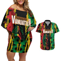 Vanuatu 46th Year Anniversary Couples Matching Off Shoulder Short Dress and Hawaiian Shirt Tamtam Slit Drums Long God Yumi Stanap
