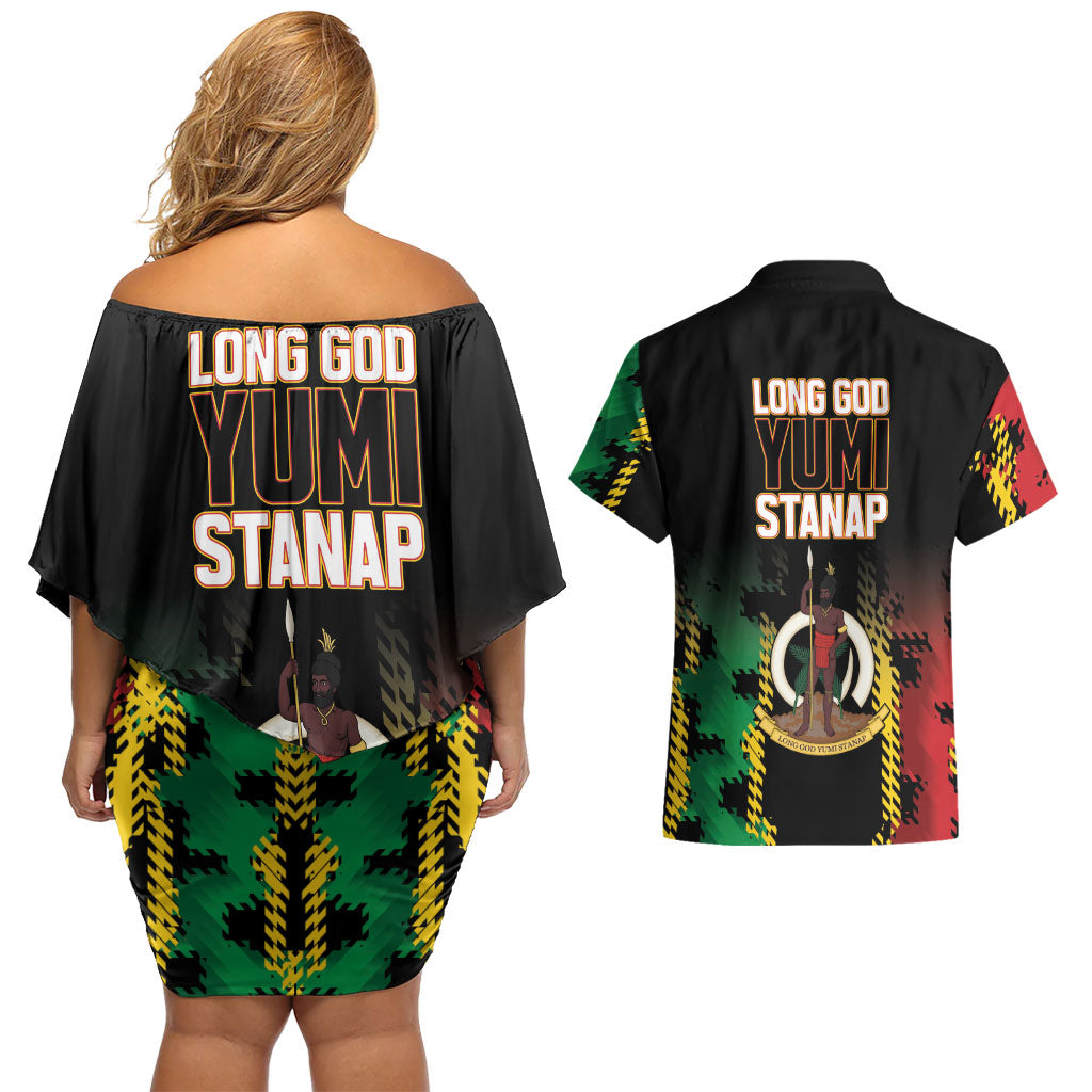 Vanuatu 46th Year Anniversary Couples Matching Off Shoulder Short Dress and Hawaiian Shirt Tamtam Slit Drums Long God Yumi Stanap