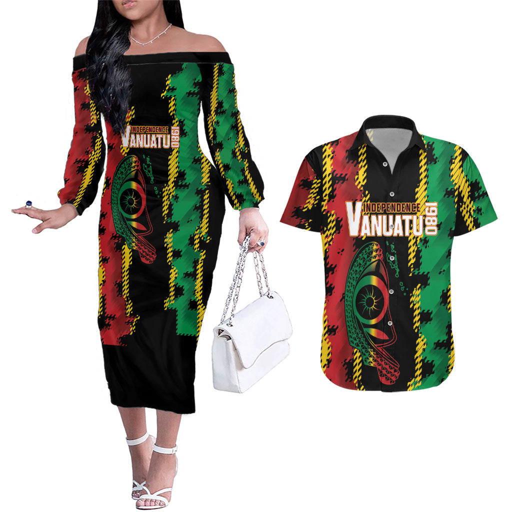 Vanuatu 46th Year Anniversary Couples Matching Off The Shoulder Long Sleeve Dress and Hawaiian Shirt Tamtam Slit Drums Long God Yumi Stanap