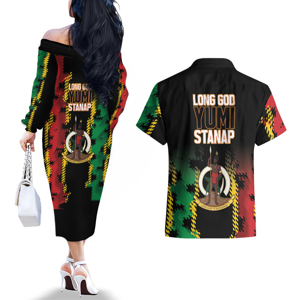 Vanuatu 46th Year Anniversary Couples Matching Off The Shoulder Long Sleeve Dress and Hawaiian Shirt Tamtam Slit Drums Long God Yumi Stanap