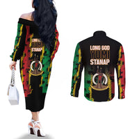Vanuatu 46th Year Anniversary Couples Matching Off The Shoulder Long Sleeve Dress and Long Sleeve Button Shirt Tamtam Slit Drums Long God Yumi Stanap