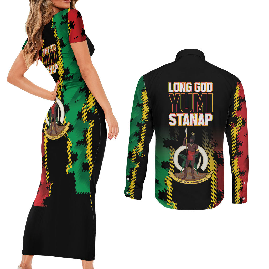 Vanuatu 46th Year Anniversary Couples Matching Short Sleeve Bodycon Dress and Long Sleeve Button Shirt Tamtam Slit Drums Long God Yumi Stanap