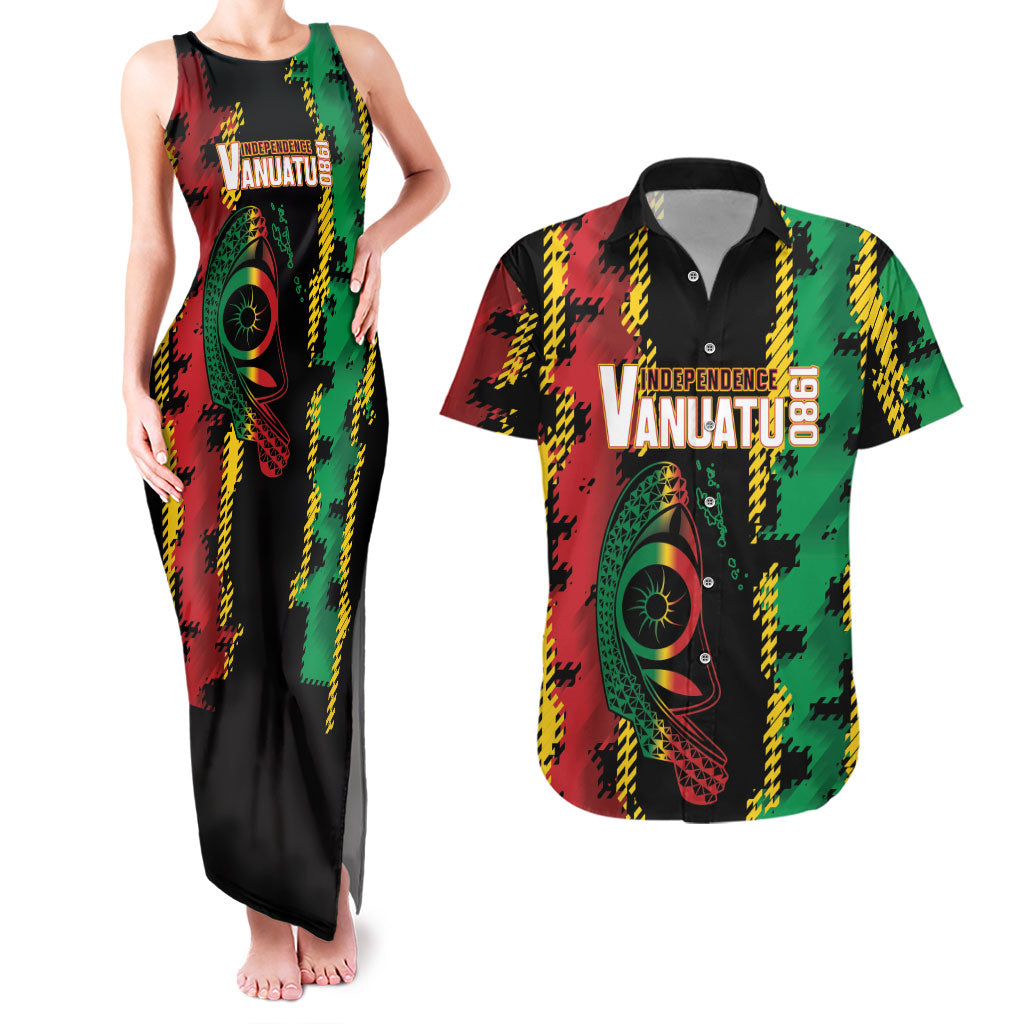 Vanuatu 46th Year Anniversary Couples Matching Tank Maxi Dress and Hawaiian Shirt Tamtam Slit Drums Long God Yumi Stanap