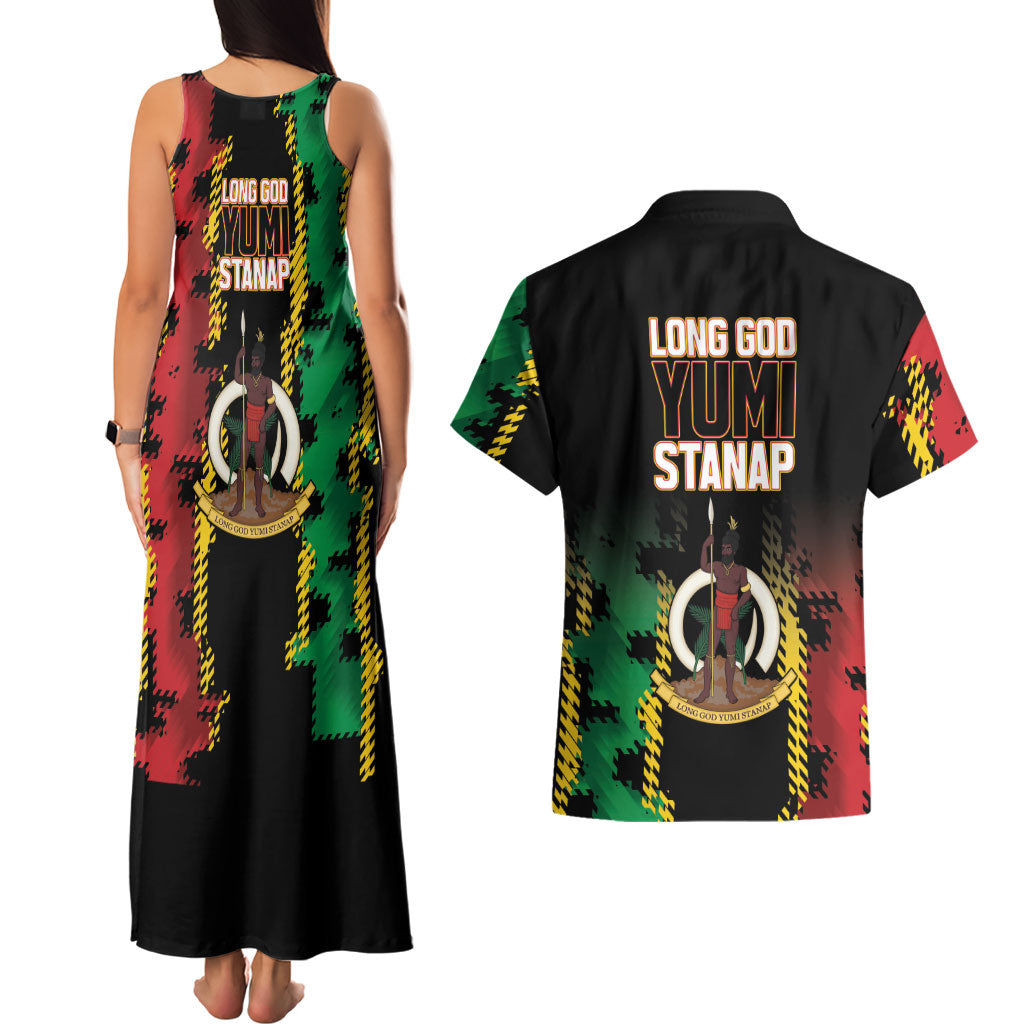 Vanuatu 46th Year Anniversary Couples Matching Tank Maxi Dress and Hawaiian Shirt Tamtam Slit Drums Long God Yumi Stanap