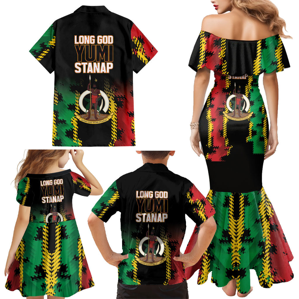Vanuatu 46th Year Anniversary Family Matching Mermaid Dress and Hawaiian Shirt Tamtam Slit Drums Long God Yumi Stanap