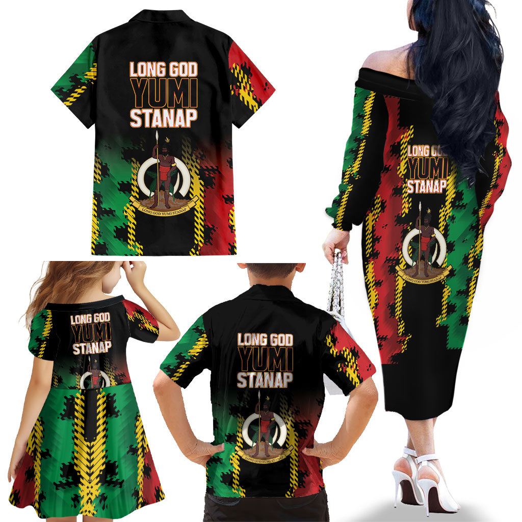 Vanuatu 46th Year Anniversary Family Matching Off The Shoulder Long Sleeve Dress and Hawaiian Shirt Tamtam Slit Drums Long God Yumi Stanap