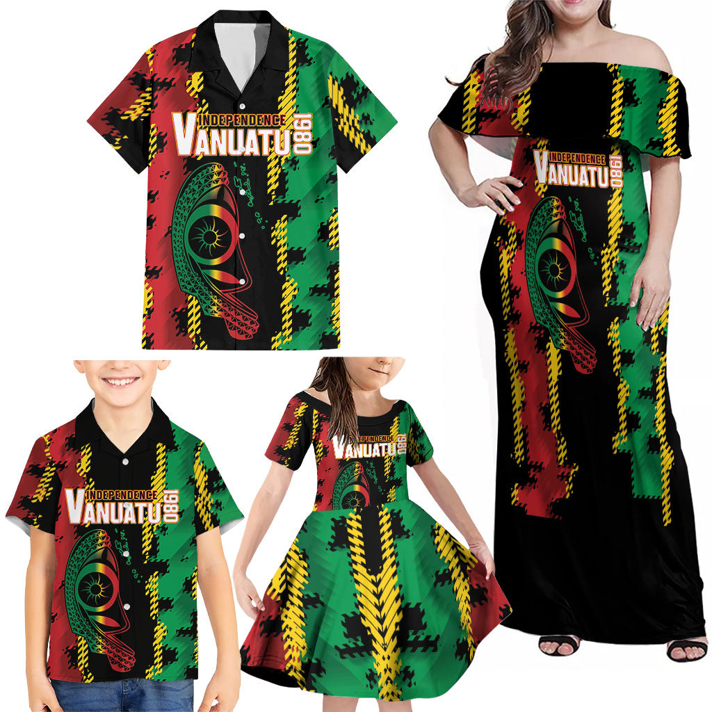 Vanuatu 46th Year Anniversary Family Matching Off Shoulder Maxi Dress and Hawaiian Shirt Tamtam Slit Drums Long God Yumi Stanap