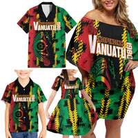 Vanuatu 46th Year Anniversary Family Matching Off Shoulder Short Dress and Hawaiian Shirt Tamtam Slit Drums Long God Yumi Stanap