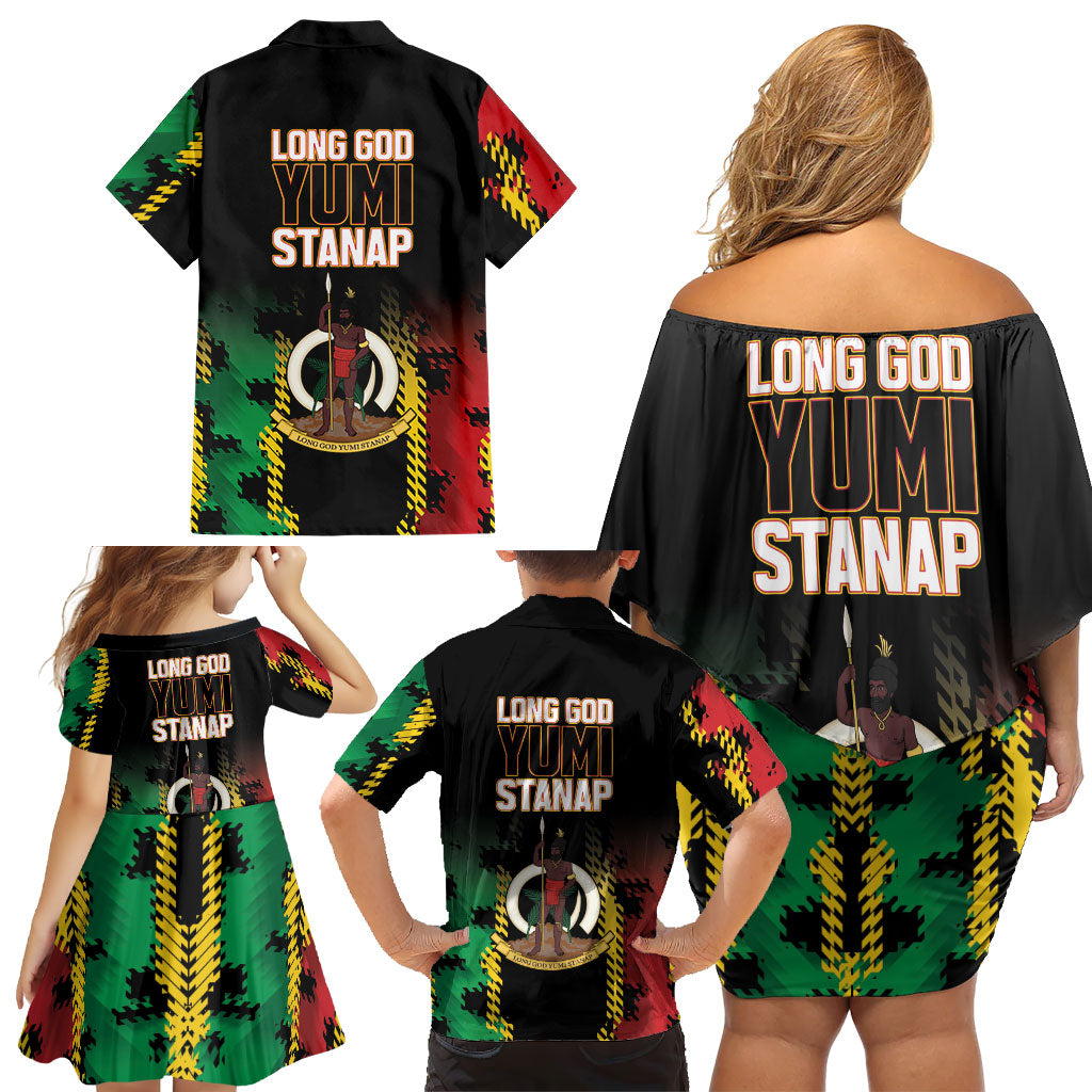 Vanuatu 46th Year Anniversary Family Matching Off Shoulder Short Dress and Hawaiian Shirt Tamtam Slit Drums Long God Yumi Stanap