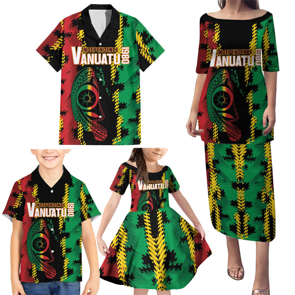 Vanuatu 46th Year Anniversary Family Matching Puletasi and Hawaiian Shirt Tamtam Slit Drums Long God Yumi Stanap
