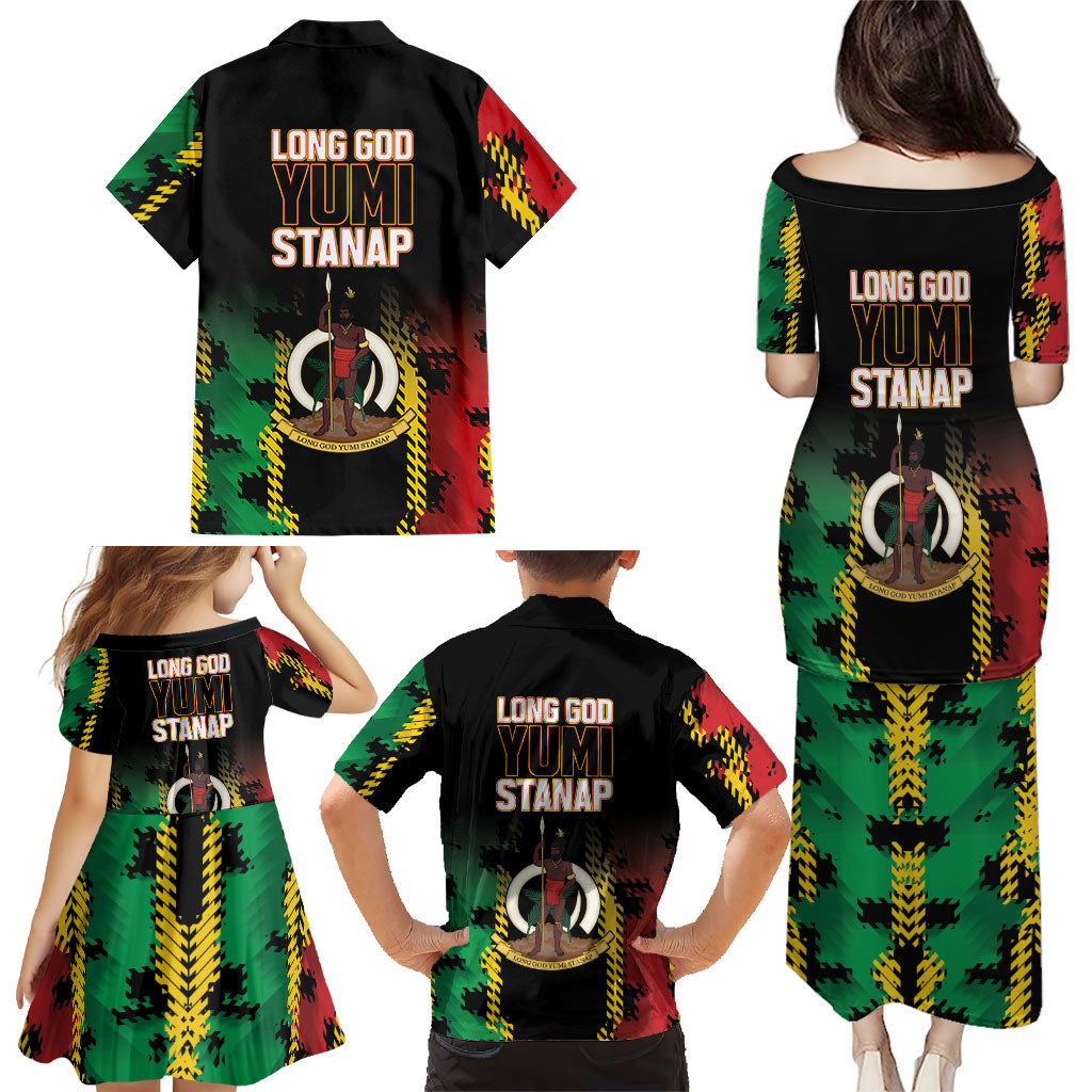 Vanuatu 46th Year Anniversary Family Matching Puletasi and Hawaiian Shirt Tamtam Slit Drums Long God Yumi Stanap