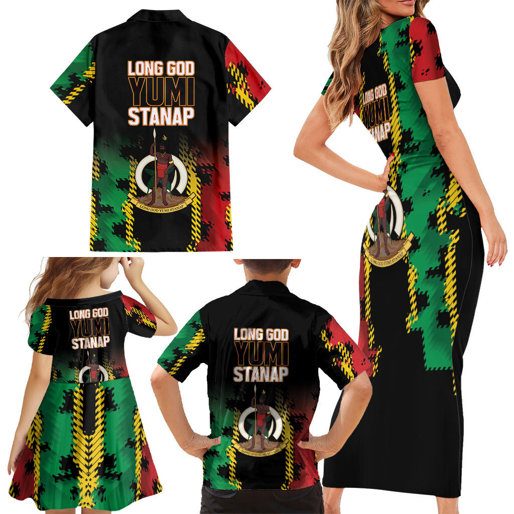 Vanuatu 46th Year Anniversary Family Matching Short Sleeve Bodycon Dress and Hawaiian Shirt Tamtam Slit Drums Long God Yumi Stanap