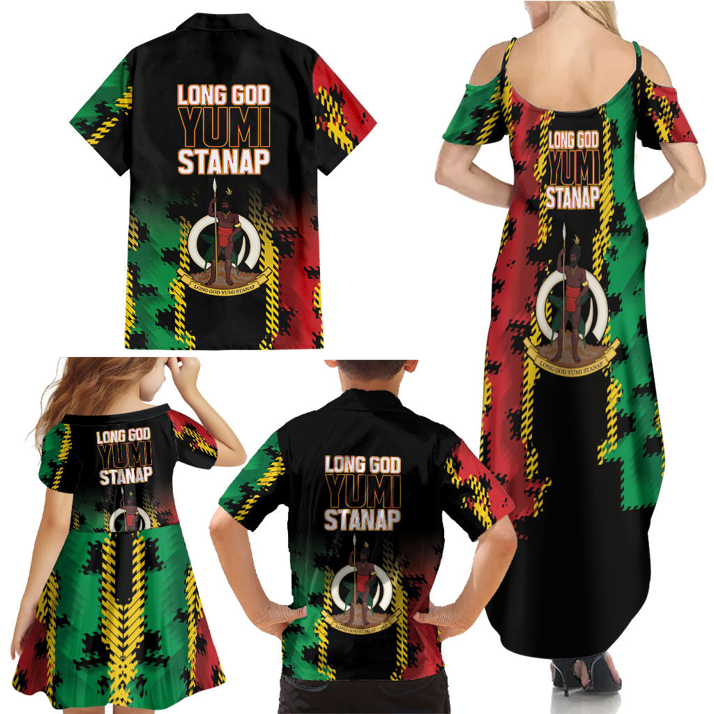Vanuatu 46th Year Anniversary Family Matching Summer Maxi Dress and Hawaiian Shirt Tamtam Slit Drums Long God Yumi Stanap