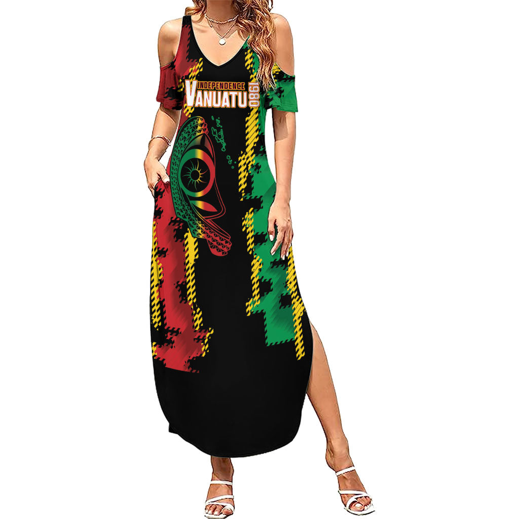 Vanuatu 46th Year Anniversary Family Matching Summer Maxi Dress and Hawaiian Shirt Tamtam Slit Drums Long God Yumi Stanap