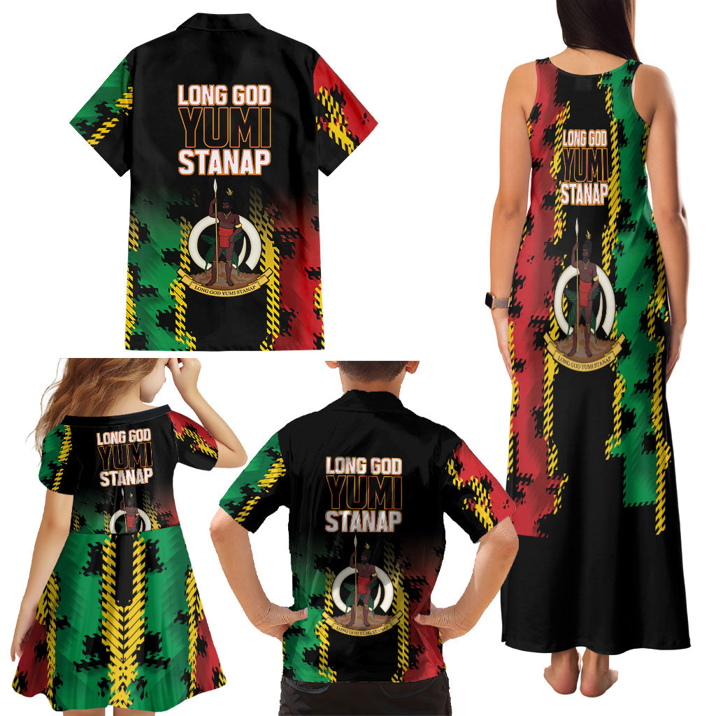 Vanuatu 46th Year Anniversary Family Matching Tank Maxi Dress and Hawaiian Shirt Tamtam Slit Drums Long God Yumi Stanap