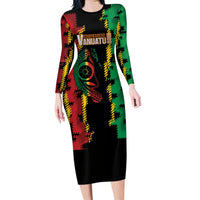Vanuatu 46th Year Anniversary Long Sleeve Bodycon Dress Tamtam Slit Drums Long God Yumi Stanap LT9 Long Dress Black - Polynesian Pride