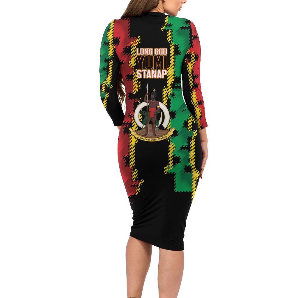 Vanuatu 46th Year Anniversary Long Sleeve Bodycon Dress Tamtam Slit Drums Long God Yumi Stanap LT9 - Polynesian Pride