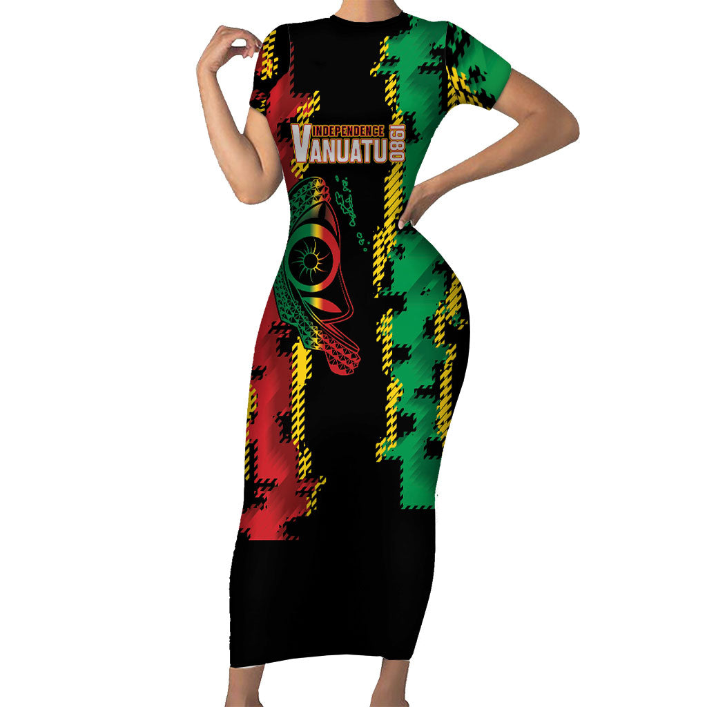 Vanuatu 46th Year Anniversary Short Sleeve Bodycon Dress Tamtam Slit Drums Long God Yumi Stanap LT9 Long Dress Black - Polynesian Pride