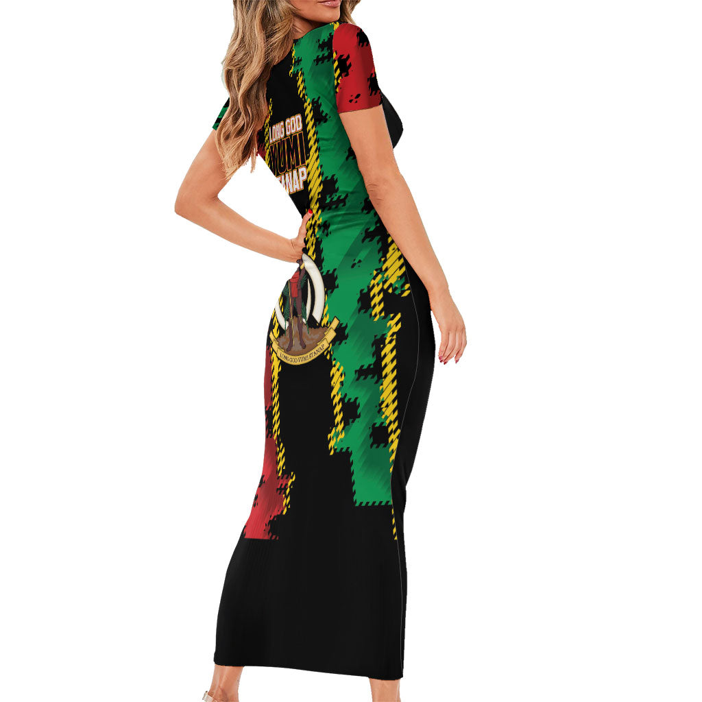 Vanuatu 46th Year Anniversary Short Sleeve Bodycon Dress Tamtam Slit Drums Long God Yumi Stanap LT9 - Polynesian Pride