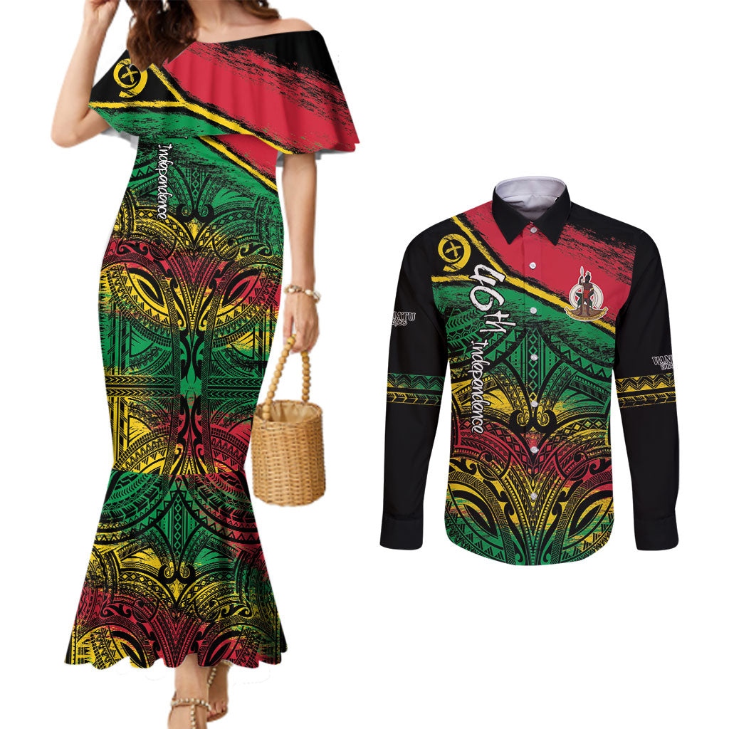 Vanuatu 46th Year Anniversary Couples Matching Mermaid Dress and Long Sleeve Button Shirt Vintage Grunge Vanuatu Flag Heritage