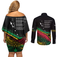 Vanuatu 46th Year Anniversary Couples Matching Off Shoulder Short Dress and Long Sleeve Button Shirt Vintage Grunge Vanuatu Flag Heritage