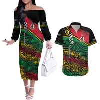 Vanuatu 46th Year Anniversary Couples Matching Off The Shoulder Long Sleeve Dress and Hawaiian Shirt Vintage Grunge Vanuatu Flag Heritage