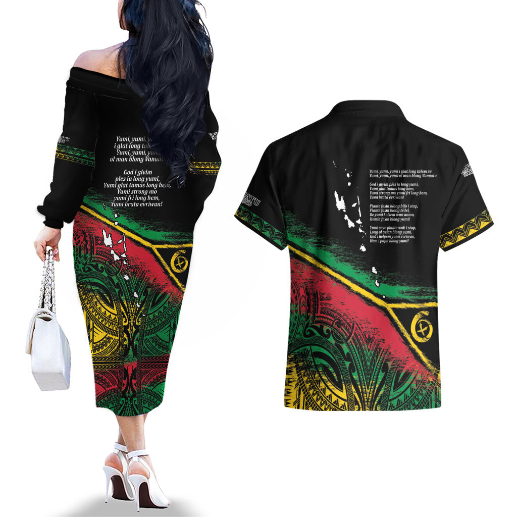 Vanuatu 46th Year Anniversary Couples Matching Off The Shoulder Long Sleeve Dress and Hawaiian Shirt Vintage Grunge Vanuatu Flag Heritage