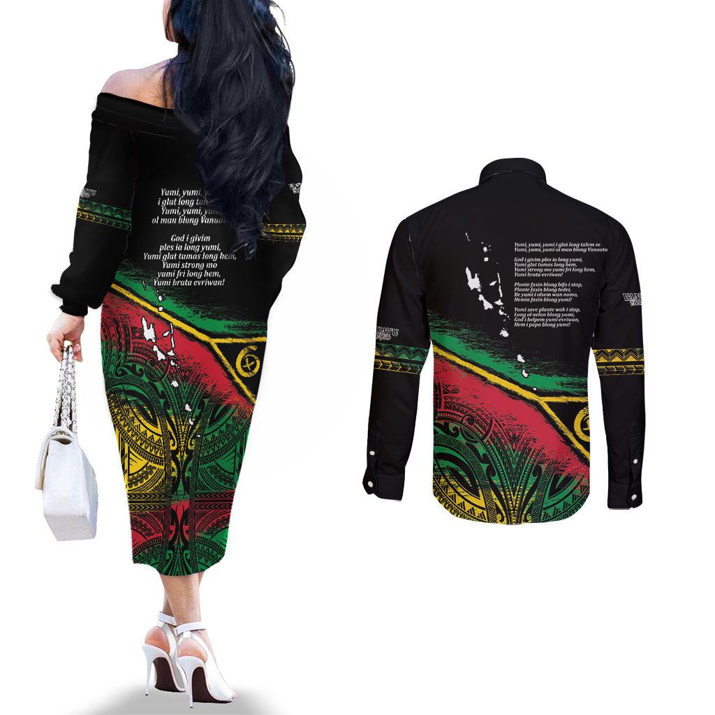 Vanuatu 46th Year Anniversary Couples Matching Off The Shoulder Long Sleeve Dress and Long Sleeve Button Shirt Vintage Grunge Vanuatu Flag Heritage