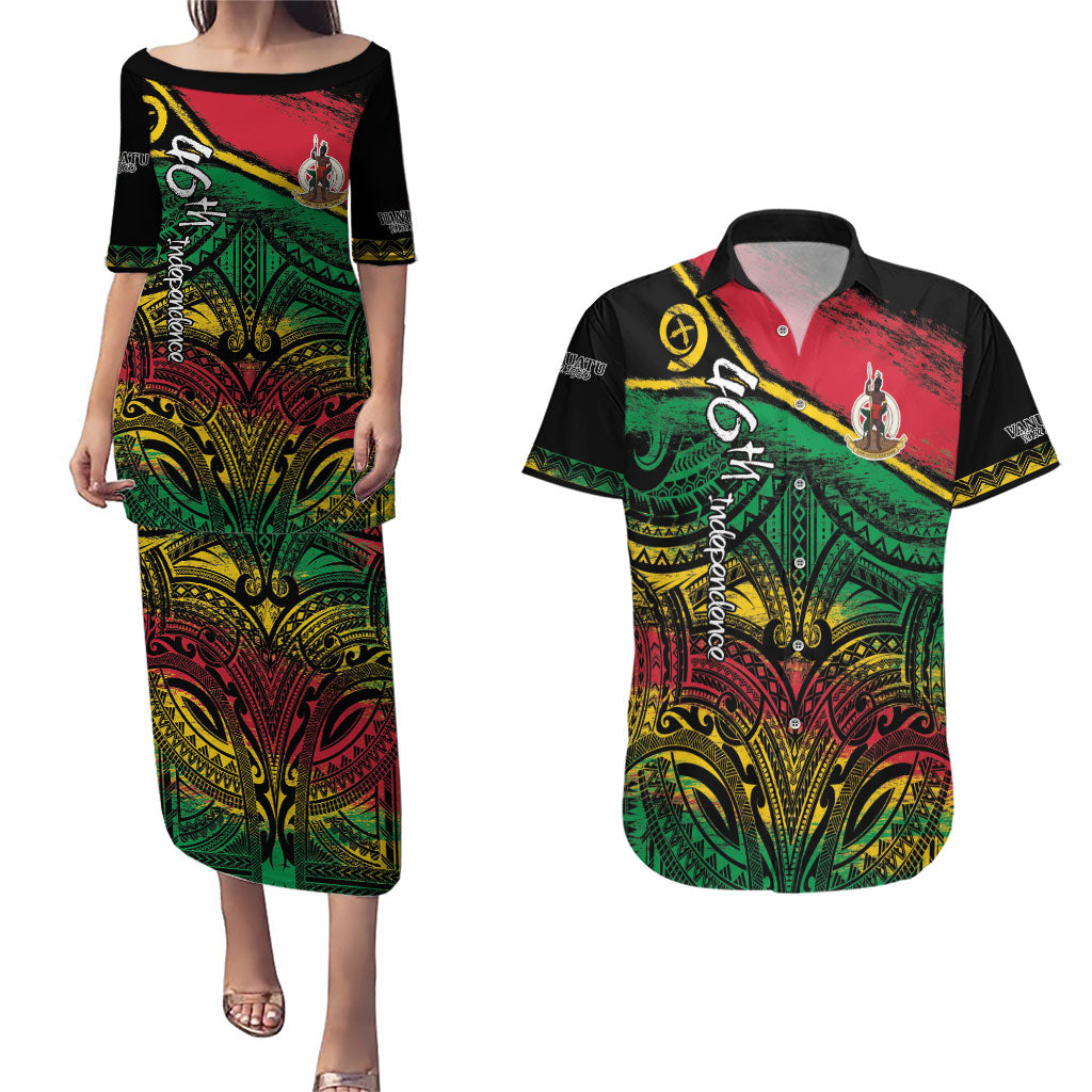 Vanuatu 46th Year Anniversary Couples Matching Puletasi and Hawaiian Shirt Vintage Grunge Vanuatu Flag Heritage LT9 Black - Polynesian Pride