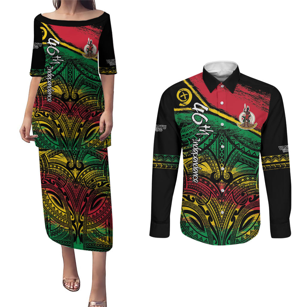 Vanuatu 46th Year Anniversary Couples Matching Puletasi and Long Sleeve Button Shirt Vintage Grunge Vanuatu Flag Heritage