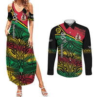 Vanuatu 46th Year Anniversary Couples Matching Summer Maxi Dress and Long Sleeve Button Shirt Vintage Grunge Vanuatu Flag Heritage LT9 Black - Polynesian Pride