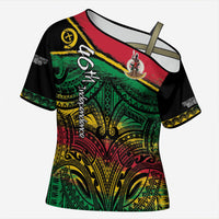 Vanuatu 46th Year Anniversary Cross Shoulder Shirt Vintage Grunge Vanuatu Flag Heritage LT9 Female Black - Polynesian Pride