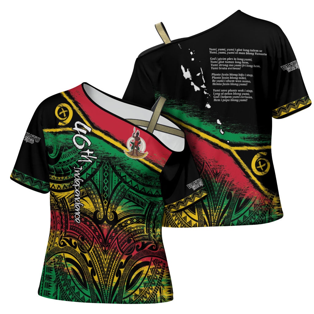 Vanuatu 46th Year Anniversary Cross Shoulder Shirt Vintage Grunge Vanuatu Flag Heritage LT9 - Polynesian Pride