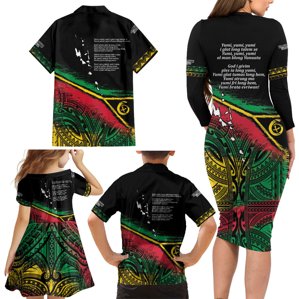 Vanuatu 46th Year Anniversary Family Matching Long Sleeve Bodycon Dress and Hawaiian Shirt Vintage Grunge Vanuatu Flag Heritage
