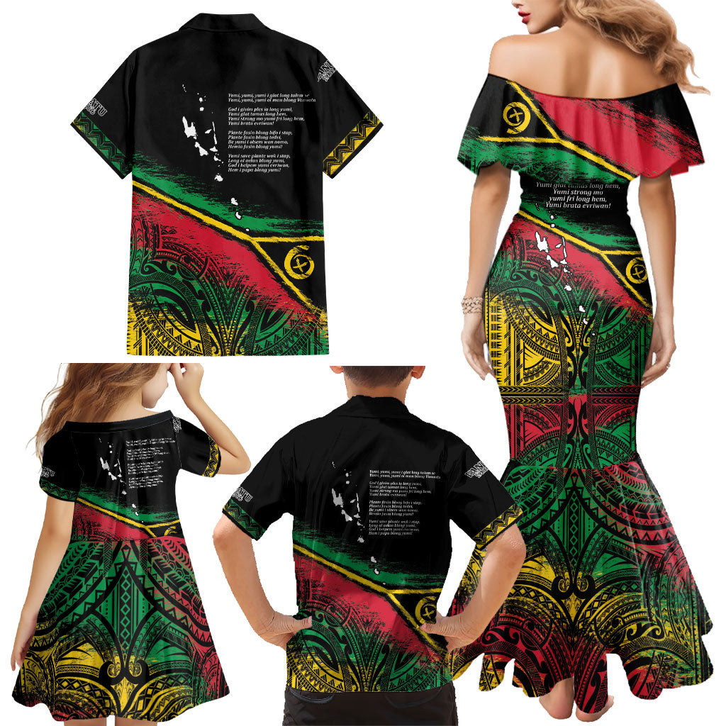 Vanuatu 46th Year Anniversary Family Matching Mermaid Dress and Hawaiian Shirt Vintage Grunge Vanuatu Flag Heritage