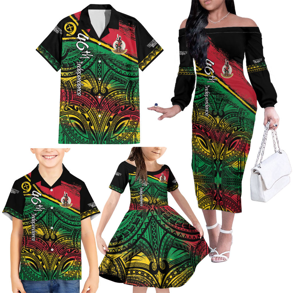 Vanuatu 46th Year Anniversary Family Matching Off The Shoulder Long Sleeve Dress and Hawaiian Shirt Vintage Grunge Vanuatu Flag Heritage