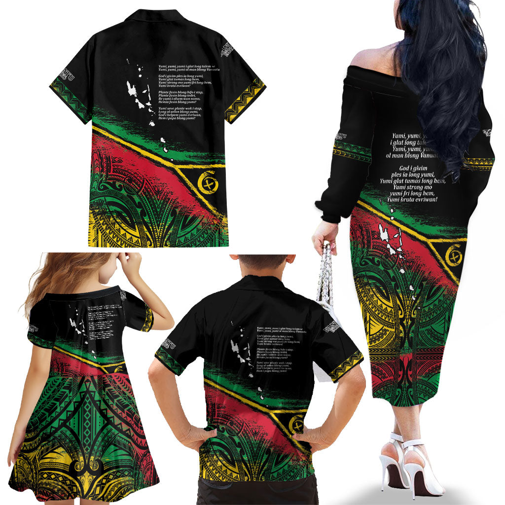 Vanuatu 46th Year Anniversary Family Matching Off The Shoulder Long Sleeve Dress and Hawaiian Shirt Vintage Grunge Vanuatu Flag Heritage