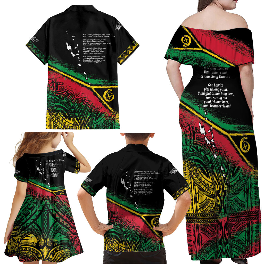 Vanuatu 46th Year Anniversary Family Matching Off Shoulder Maxi Dress and Hawaiian Shirt Vintage Grunge Vanuatu Flag Heritage