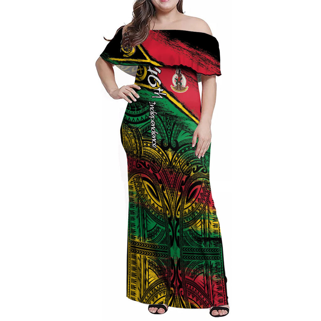 Vanuatu 46th Year Anniversary Family Matching Off Shoulder Maxi Dress and Hawaiian Shirt Vintage Grunge Vanuatu Flag Heritage